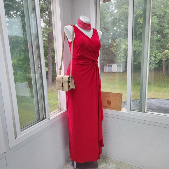 CHAPS Dark Red Stretch Jersey Faux Wrap Ruched Maxi Dress - Picture 2 of 11